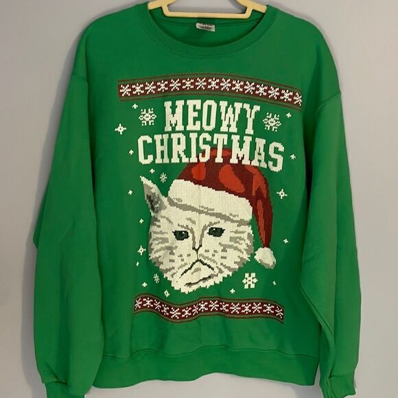 Lg Christmas Sweatshirt “Meowy Christmas” Cat Lover - Picture 1 of 5